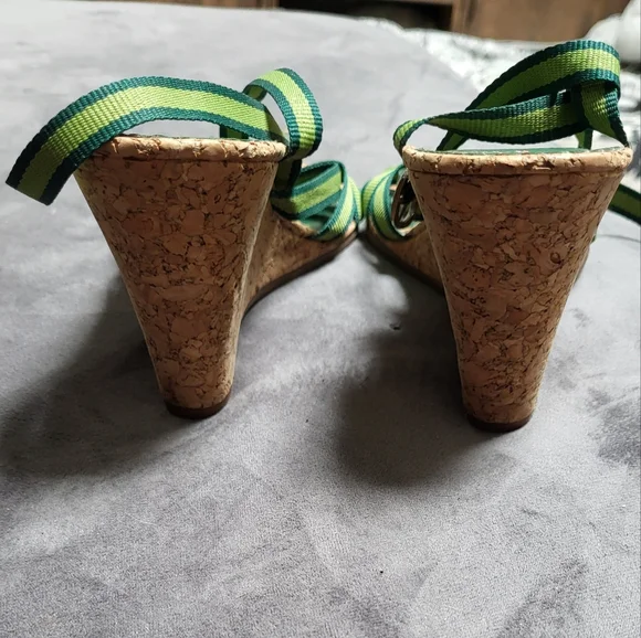 Gap Green Strappy Wedge Sandals with Cork Heels, Ankle Strap, Island Vacation, 7 - Picture 4 of 5